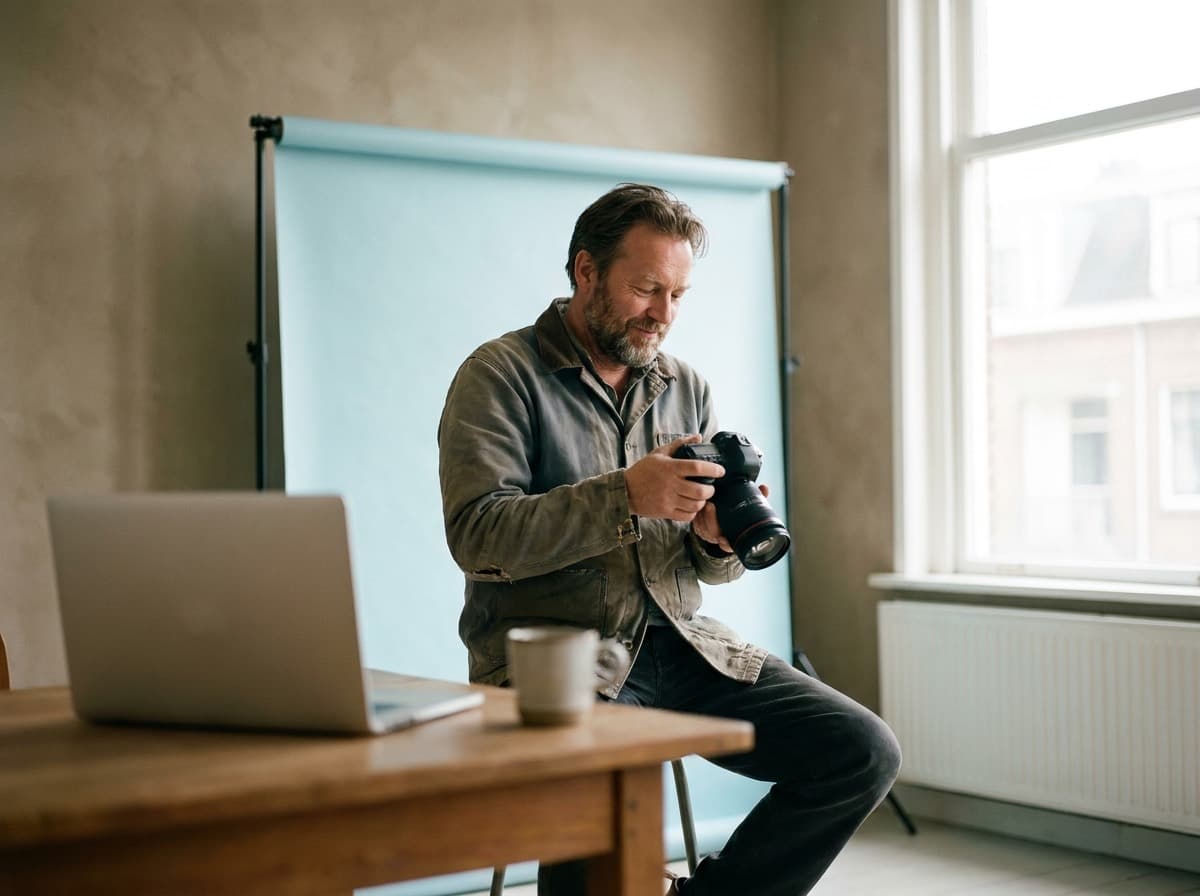 Fotograaf met een camera in een daglichtstudio